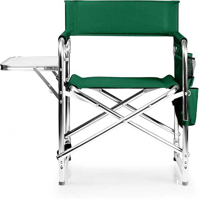 PICNIC TIME Sports Chair with Side Table, Outdoor Foldable Padded Adult Camping Chairs with Cup and Accessory Panel for Lawn, Beach, & Sports Use for Adults, up to 300-lbs Capacity, (Hunter Green)