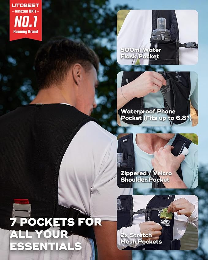 UTOBEST Running Vest for Women Men with 500ml/17oz Soft Water Bottle and LED Safety Light, 5L Phone Holder with Adjustable Belt & Ample Storage
