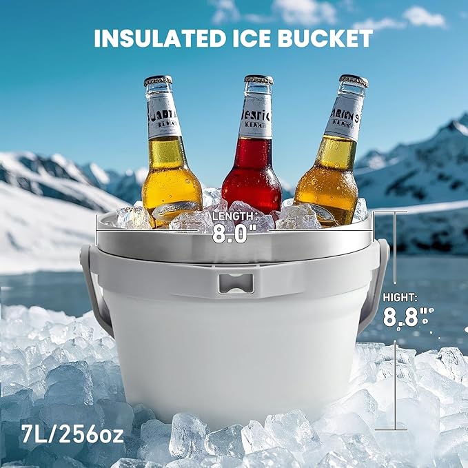 COKTIK 7L Vacuum Insulated Ice Bucket with Lid and Scoop& Tongs，Large capacity Stainless Steel Beverage Bucket for Cocktail, Champagne, Wine, Beer，Large Parties（Milk White Suit）