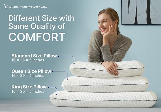 Vaverto Gel Memory Foam Pillow - Standard Size, 1 Pack, Firm Pillow for Neck and Shoulder Support, Orthopedic, Firm, Cooling, Contoured Memory Foam Pillows for Back, Side, Stomach Sleepers