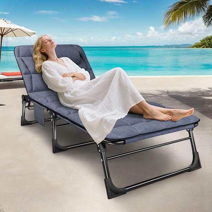 ATORPOK Folding Camping Cot for Adults with Padded Mattress and Pillow, Adjustable Reclining Lounger Sleeping Cot Bed, Ideal for Camping, Travel, Garden, or Office Use, Blue