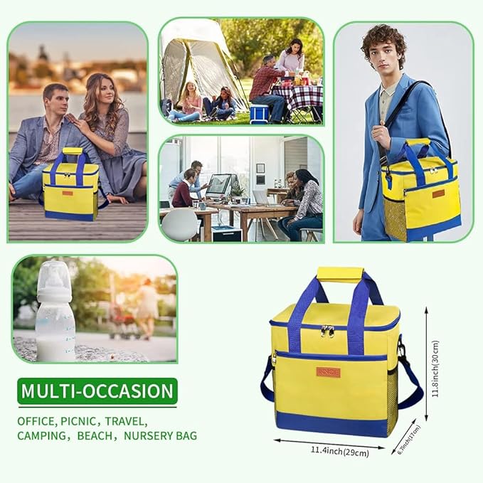 iknoe Large Cooler Bag Collapsible, 15L Insulated Bags, Leakproof Lunch Cooler Tote with Multi-Pockets for Adult, Insulated Lunch Box for Beach, Picnic,Work, Yellow 24-Can