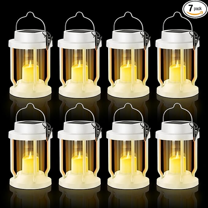 Solar Lantern Outdoor & Indoor Use – Hanging Solar Lights with Realistic Flickering Flameless Candle, Weatherproof for Gardens, Patios, Trees, and Lawns (White, 8 Pack)