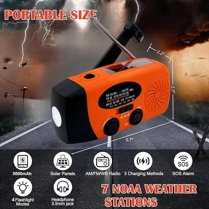 Solar Emergency Hand Crank Weather Radio, Portable Self Powered NOAA AM/FM Radios with SOS Alarm LED Flashlight 5000mAh Power Smart Phone USB Charger for Camping (5000mAh Orange)
