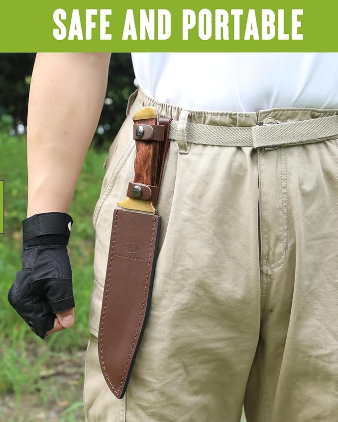 Mossy Oak 14-inch Bowie Knife, Full-tang Fixed Blade, Wood Handle Hunting Knife with Leather Sheath for Camping, Hiking, Survival