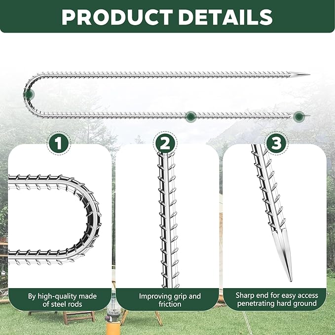 10 Pieces Trampoline Stakes Anchors High Wind Heavy Duty,U Shaped Garden Hooks Stakes for Ground,Trampoline Tie Downs Anchor Kit,Bounce Horseshoe House Stake,Rebar Camping Tent Stakes,12 Inch Long