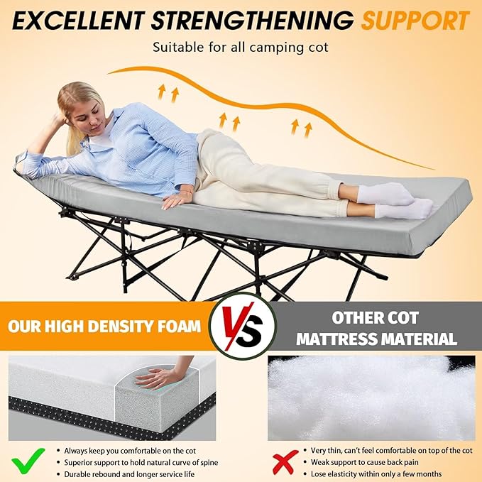 CYMULA Camping Cot Mattress 2in Memory Foam Sleeping Pad,Soft Warm Non-Slip Camping Mattress Topper with Retaining for Adults,Portable Roll up Pad for Travel(75 x30)（only Mattress）