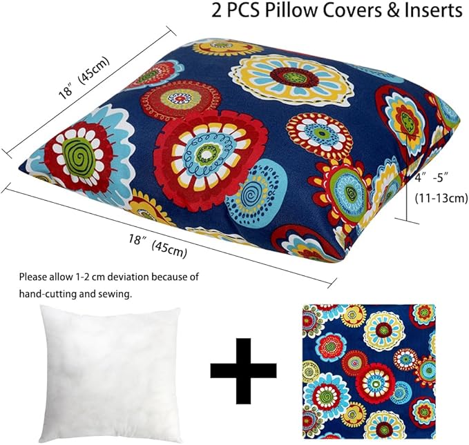 Magpie Fabrcis Pack of 2 Outdoor Waterproof Throw Pillow with Insert 18 x 18 Inch, Christmas Decorative Back Cushion Pad for Garden Patio Tent Balcony Couch Sofa(Floral Navy)