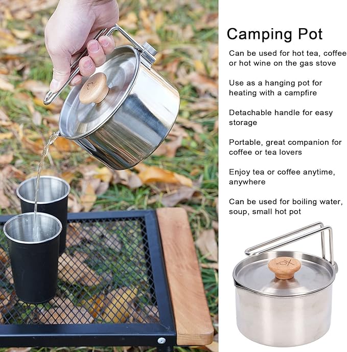 TOPINCN 1000ml Camping Pot, Stainless Steel Portable Outdoor Tea Coffee Pot Portable Cooking Pot with Detachable Handle for Outdoor Picnic Hiking