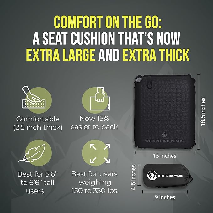 Whispering Winds Inflatable Seat Cushion - Comfortable Blow-up Foam Pad for Airplane, Travel, Stadium, Outdoors, Camping, Car & More