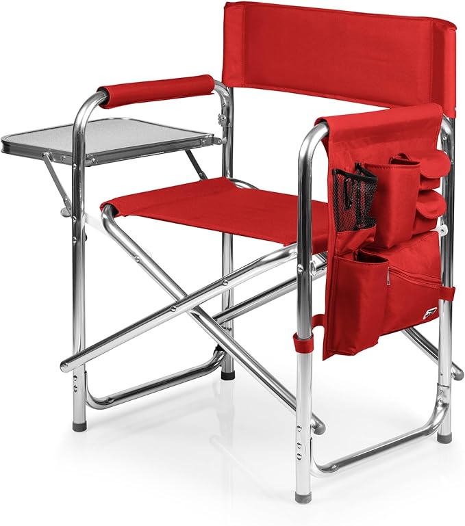 PICNIC TIME Sports Chair with Side Table, Outdoor Foldable Padded Adult Camping Chairs with Cup and Accessory Panel for Lawn, Beach, & Sports Use for Adults, up to 300-lbs Capacity, (Red)