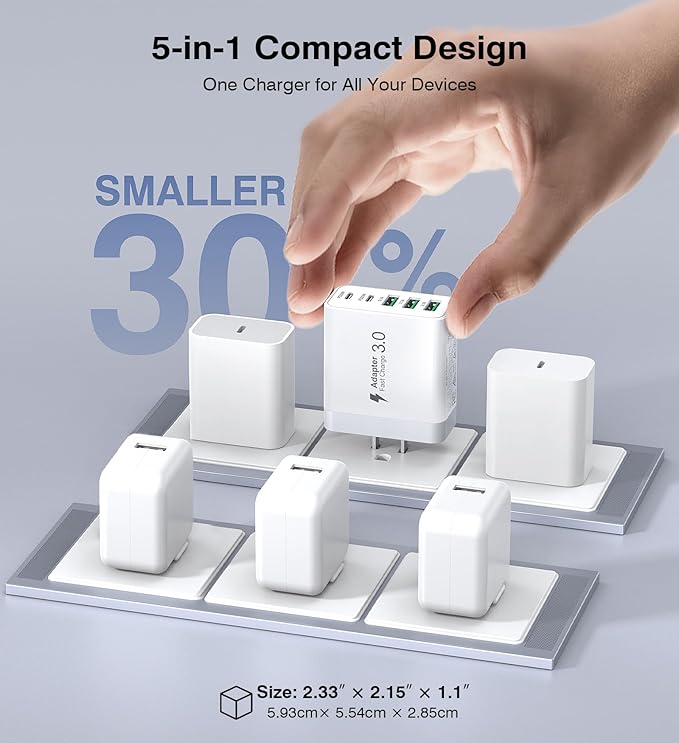 [2-Pack] USB C Wall Charger, 60W Fast USB C Charger Block, 5-Port PD Power Adapter + QC Wall Plug Multiport Type C Charging Block Cube Compatible with iPhone 17 16 15 14 13 12 Pro Max XR XS, Tablets