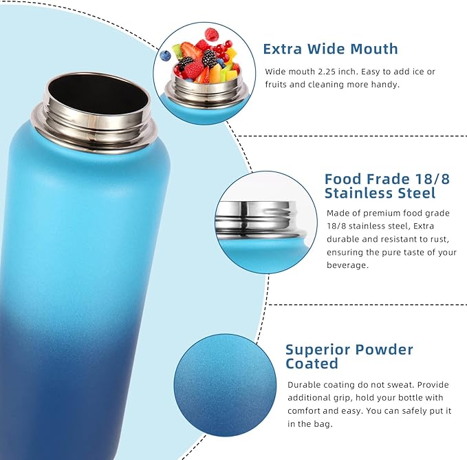 Volhoply Insulated Water Bottles Bulk 4 Pack, 40 oz Stainless Steel Sports Bottle with Paracord Handle & Spout Lid, Double Walled Vacuum Metal Travel Water Jug for Adults(Green Blue,4 Set)