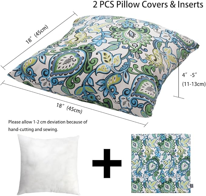 Magpie Fabrcis Pack of 2 Outdoor Waterproof Throw Pillow with Insert 18 x 18 Inch, Christmas Decorative Back Cushion Pad for Garden Patio Tent Balcony Couch Sofa(Floral Blue Green)