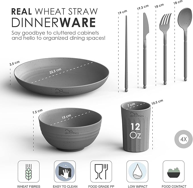Wheatstraw Dinnerware Set For 4 - Dishwasher Microwave Plates For Heating Food - Unbreakable Wheat Straw Plates And Bowls sets - Replace Plastic Dinnerware Set - Camping Dishes Set