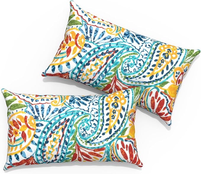 Outdoor Lumbar Pillows 12x20 inch, Rectangle Throw Pillows with Inserts, Decorative Lumbar Cushions for Patio Furniture Garden Couch Home Sofa Office Chair, Pack of 2, Paisley Multi