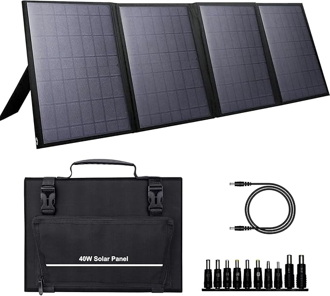 Portable Solar Panel 40W, Foldable Solar Charger for Outdoor Solar Generator Power Station, Adjustable Kickstand,10 in 1 Connectors,DC to DC Cable,USB QC3.0 Output for Camping RV Road Trip Adventure