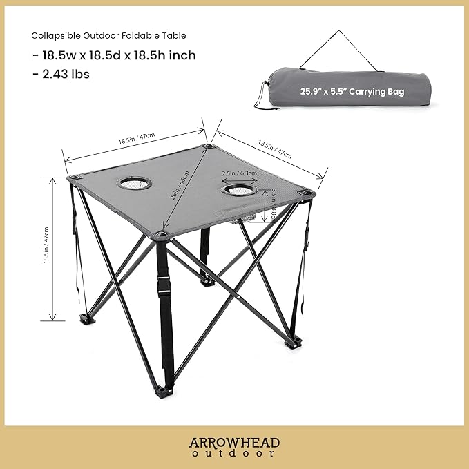 ARROWHEAD OUTDOOR 26” (66cm) Portable Camping Folding Table, 2 Cup Holders, Square, Carrying Case, Steel Frame, High-Grade 600D Canvas