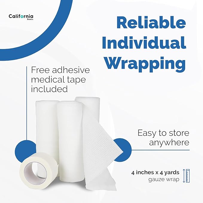California Basics 36-Pack Gauze Bandage Roll with Tape, 4 Inches x 4 Yards - Soft, Stretchable & Breathable Wrap for Wound Care, First Aid & Medical Supplies - White
