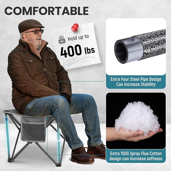 FUNDANGO Folding Camping Stool, 18.1 Inch Oversized Foot Stools 400 Lbs Heavy Duty Portable Padded Seat Anti-Slip Foots & Carry Bag for Fishing Outdoor Lawn Travel (Grey)