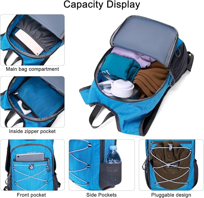 BOVIP 20L Hiking Backpack Lightweight Packable Hiking Daypack Small Travel Outdoor Foldable Shoulder Bag Blue