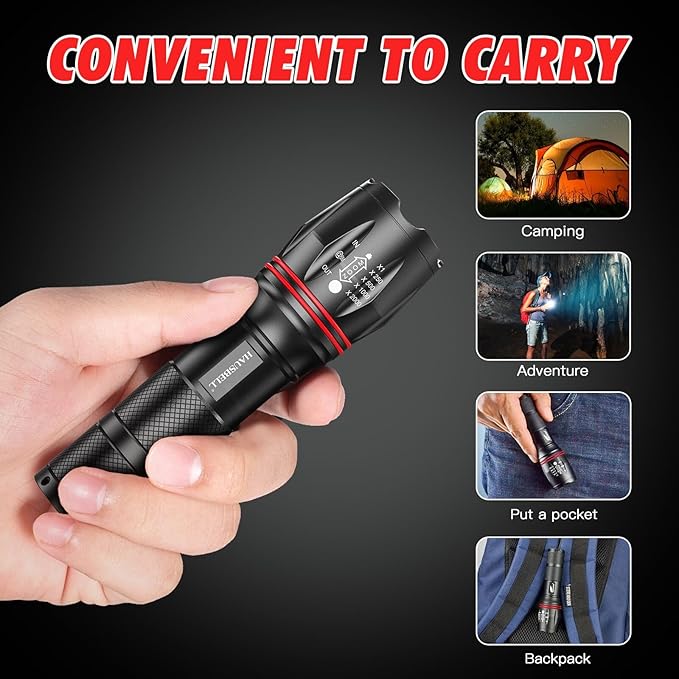 HAUSBELL LED A100 Flashlight Bright, Zoomable Tactical Flashlights Flash Light with High Brightness and Five Modes for Emergency and Outdoor Use Camping Accessories, 2 Pack