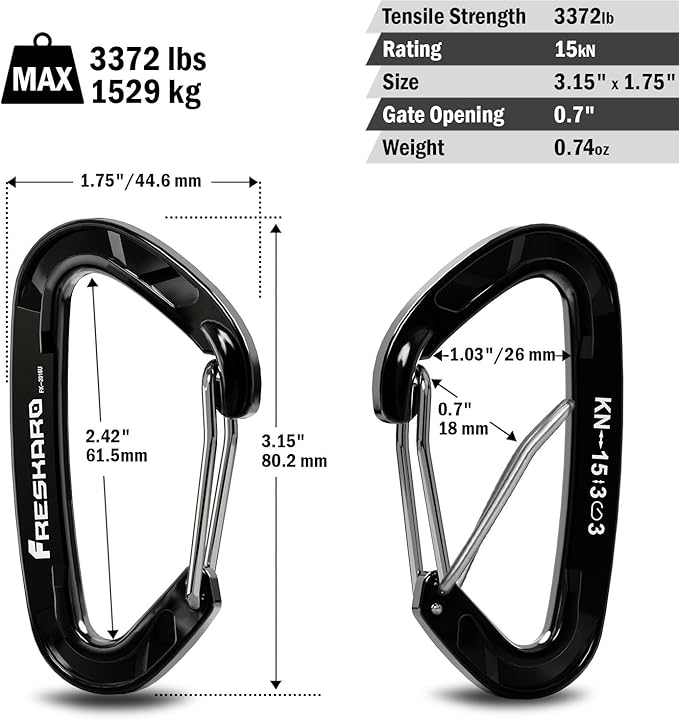 FresKaro 15kN-3372lbs Heavy Duty Wiregate Carabiners, Reliable Time-Tested Stainless Steel Spring Gate, for Camping, Hiking, Hammocks, Backpacking, Dog Leash etc., 3.15inch