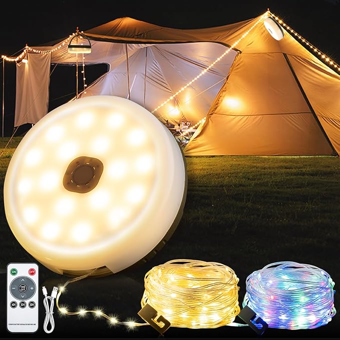 Camping String Lights with Remote Control, 4 in 1 Outdoor Camping Lantern (32.8Ft) with Quick 30s Recovery, Waterproof, Type-C Fast Charging, Portable Camping Lights for Camping/Yard/Hiking