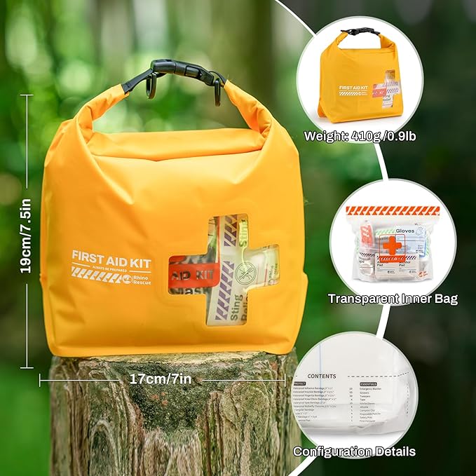 RHINO RESCUE Waterproof Boat First Aid Kit, Lightweight Boat Accessories Dry Bag, Emergency Marine Survival Supplies for Outdoor Kayak, Fishing, Floating, Swimming, Beach & Camping (Orange)