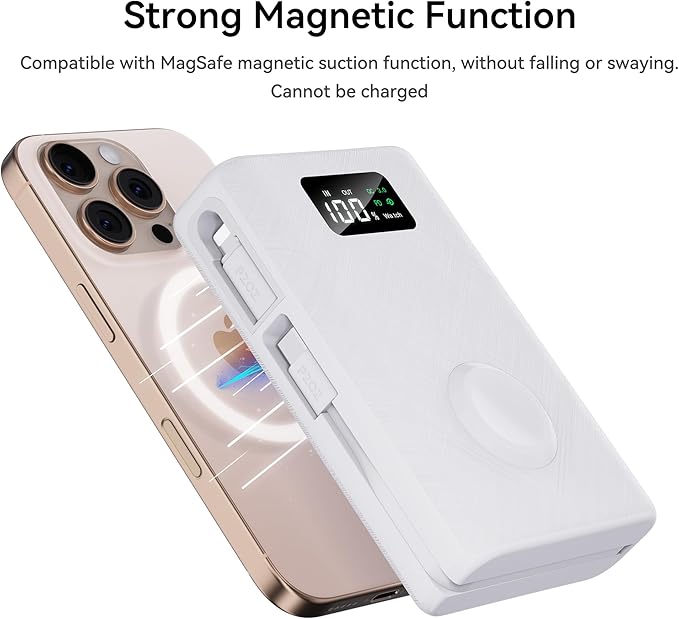 pzoz 20000mAh Portable Power Bank Powerbank Battery Pack with Apple Watch Magnetic Wireless Charger,USB Type C PD Fast Charging Cable Travel High Capacity Compatible iWatch iPhone 17 16 15 (White)