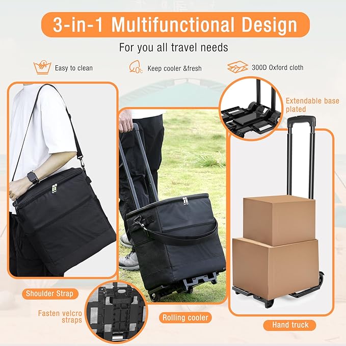 Collapsible Large Rolling Cooler 60-Can/40L,3-in-1 Insulated Soft Cooler Bag,Adjustable Wheels&Handle, Rolling Cooler Cart for Beach Camping Travel Outdoor Hot Takeout Orders