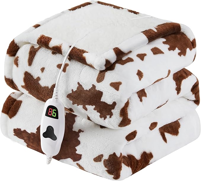 Cow Print Heated Electric Blanket Full Size,72X84 Brown Heating Blanket with 10 Heats Levels & 8 Hours Auto Off,Highland Cow Decor Fleece Sherpa Blankets Warmer Gifts for Women Adults,Washable,ETL