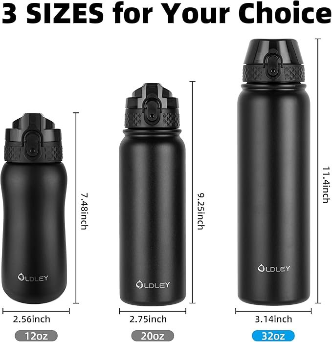 Oldley Insulated Water Bottle 32oz Water Bottles with Straw, Stainless Steel Water Bottle with 3 Lids, Double Wall Vacuum Bottles for Adult,Sports Bottles for School Travel, Black