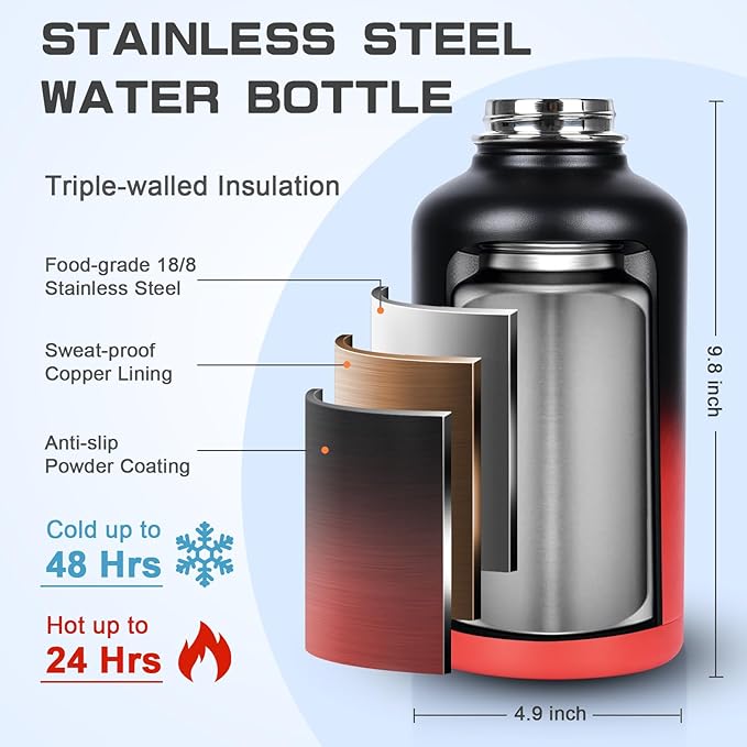 Insulated Water Bottle 64 oz, Half Gallon Water Jug Cold 48H, BPA Free Stainless Steel Bottles with Straw/Chug 2-in-1 Lid, Bag, Paracord Handle, Silicone Boot, Sports Gym School Metal Flask