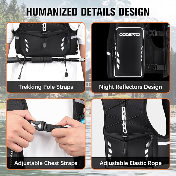 Running Vest for Women Men, Phone Pocket Running Hydration Vest with 500ML Soft Flask, Adjustable Chest Waist Straps, 10 Pockets Reflective Breathable Hydration Vest for Hiking, Biking, Marathon
