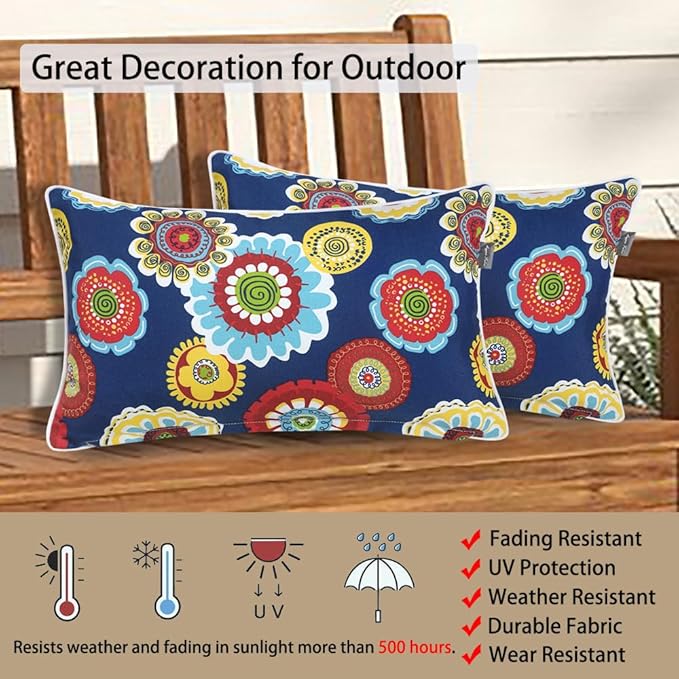 Magpie Fabrics Pack of 2 Outdoor Waterproof Lumbar Rectangular Throw Pillow with Insert 12x20 Inch, Home Decorative Toss Cushion for Patio Garden Car Office (Floral Navy)