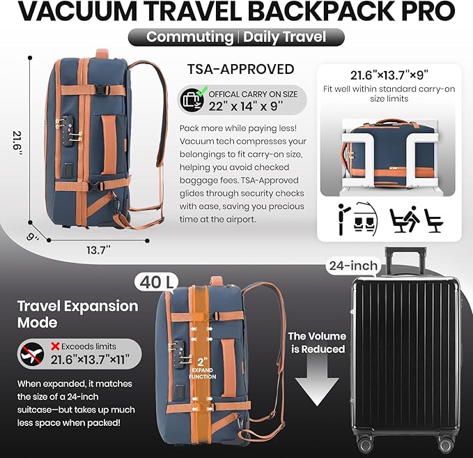 Fanwoli Vacuum Rolling Travel Backpack, Carry On Luggage with TSA Lock & Anti Theft Zipper, 70L Expandable Airback with Compression Pump, Waterproof Laptop Bag Ideal for Flight & Business