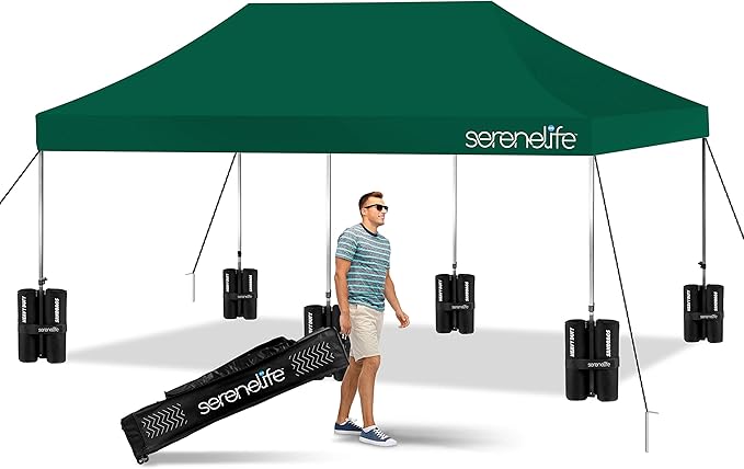 SereneLife Pop Up Canopy Tent 10x20-Commercial Instant Shelter Foldable/Collapsible Sun Shade Canopy Pop Up Tent w/Waterproof Tent Top, Portable Carry Bag & Sand Bag - SLGZ20FG (Forest Green)