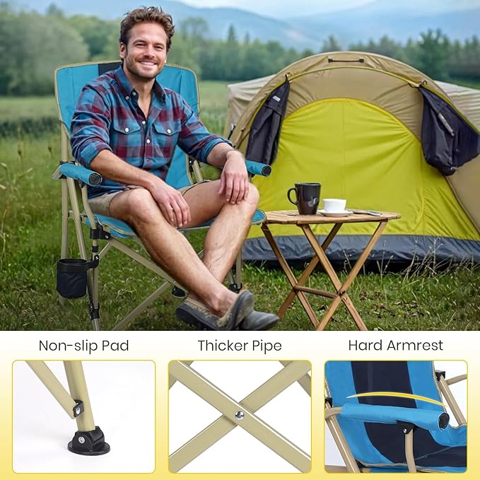 XGEAR Camping Chair with Padded Hard Armrest, Sturdy Folding Camp Chair with Cup Holder, Storage Pockets Carry Bag Included, Support to 400 lbs