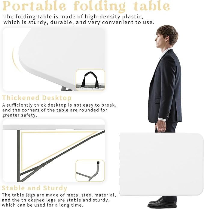 Folding Table 6 FT Lightweight Camping Table Portable Plastic Rectangular Outdoor Dining Table Steel Legs Fold-in-Half with Carrying Handle for Indoor,Picnic,Party,Wedding,Events(White)