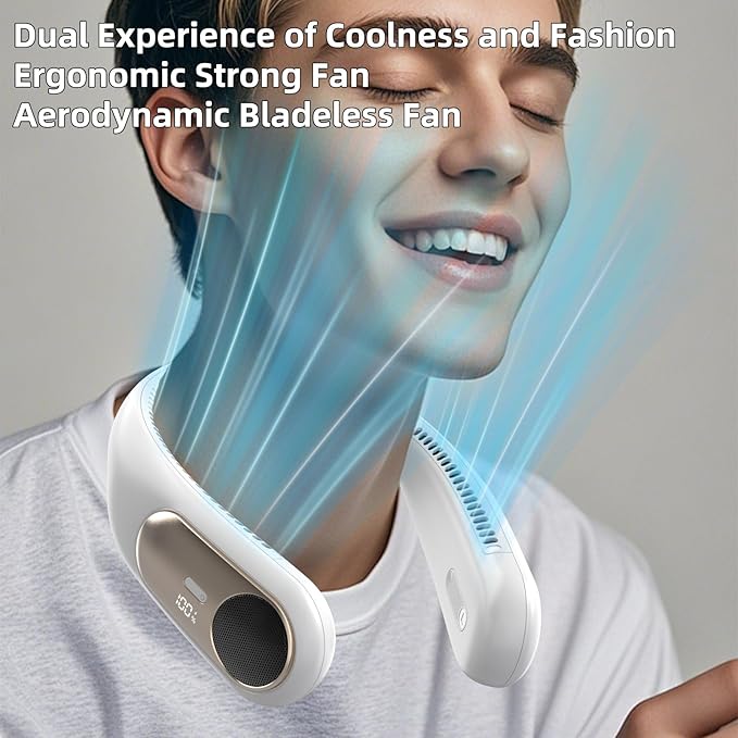 Portable Neck Fan,Personal Wearable Bladeless Fan,LED Display,4-Speeds,6000mAh USB Rechargeable,360° Strong Cooling Wind,Hands Free,Long Lasting,Birthday Gifts for Men Women Dad Mom (White)
