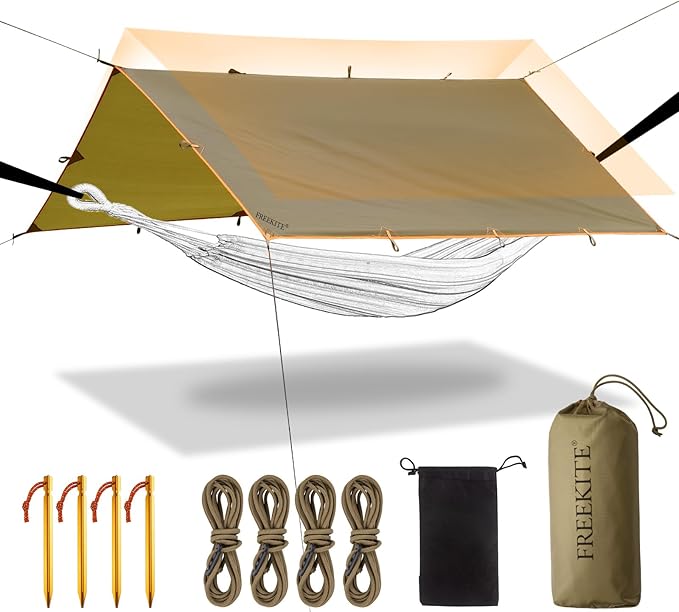 Camping Tarp Tent Portable Multifunctional Bushcraft Backpacking Tear-Resistant Fabric Rain Fly Tarps Awning Shelter Lightweight Waterproof Tarp(10×10 tarp)