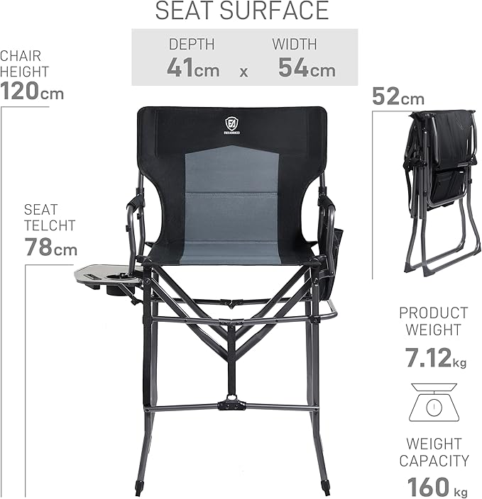 EVER ADVANCED Portable 30.7" Seat Height Tall Folding Camping Chair Directors Chair High Foldable Bar Stool with Side Table for Makeup Artist, Sports Event, Craft Show, Supports 350LBS Black Grey