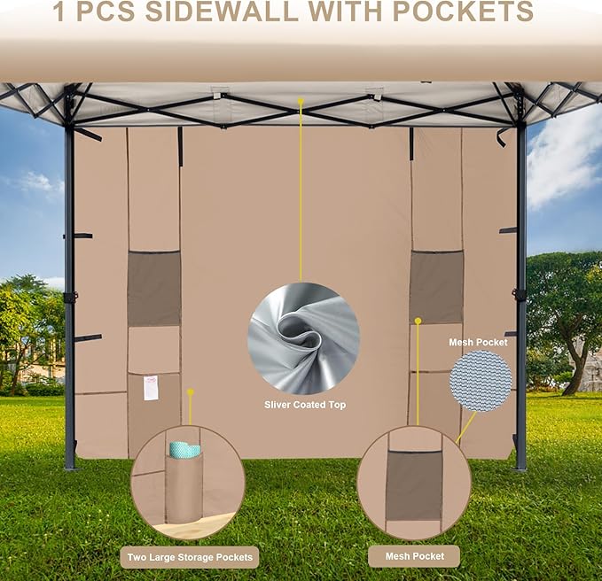 KAMPKEEPER 10x10 Pop Up Canopy Tent with Sidewall - Easy Setup Sun Shelter, Outdoor Shade with Vented Roof for Backyard | UV & Rain Portable Instant Camping Beach Canopy Tents (Khaki)