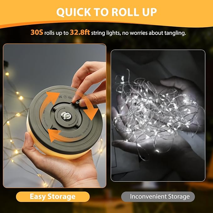 Camping String Lights, 4 in 1 Quick Storage Camping Essentials Gear 32.8FT Rechargeable Tent Lights with 9 Modes Hanging Waterproof LED Camp Lamp for Hiking Patio Awning Garden Halloween Xmas Festival