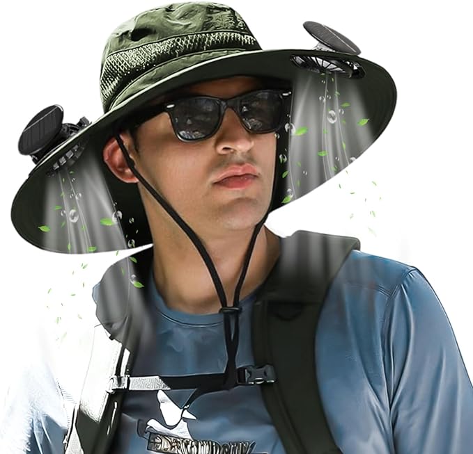 Outdoor Wide Brim Sun Hat with 2 Solar Fan for Men Women UPF50+ Outdoor Hiking Sun Protection Bucket Fishing&Cycling Hat