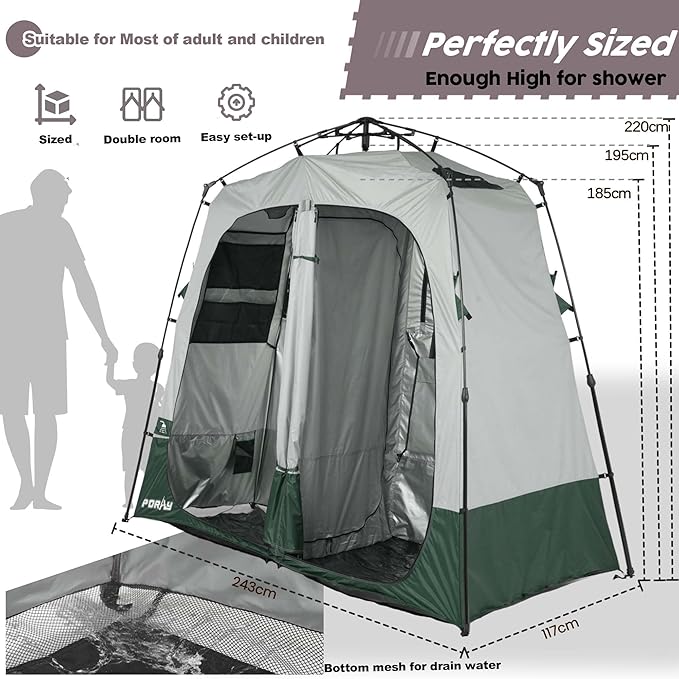 Camping Shower Tent Deluxe Changing Room Easy Set Up Privacy Shelter,Large Toilet Tent with Floor Drain Design for Beach, Camping,Hiking with Stakes and Ropes for Stability