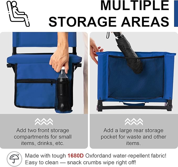 Stadium Seats with Back Support for Bleachers, Folding Bleacher Chairs with Back and Cushion, Padded Seat with Shoulder Strap, Large Mesh Pocket & Carry Handle, Black