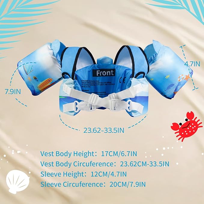Elejolie Toddler Swim Vest for Child Learn Swiming Training,Infant Safety Swimmies Aid Jacket for Kids 2 3 4 5 6 Years Old,Arm Water Wings for Baby 22-66lbs