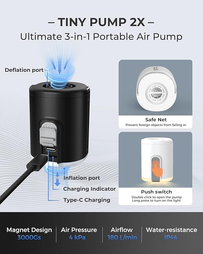 FLEXTAILGEAR Air Pump for Inflatables with Camping Lantern, Tiny Pump 2X, 4kPa Portable Air Pump Rechargeable Air Mattress Pump with Magnetic Design, for Sleeping Pads Pool Floats Swimming Rings